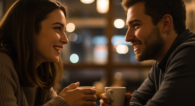 happy couple enjoying coffee and conversation on a date at a cafe
