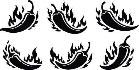 Fiery chili pepper illustrations in various dynamic poses for culinary designs and spicy themes 
