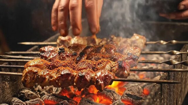 Delicious Shish Kebabs Grilling Over Hot Coals at a Bustling Outdoor Food Market