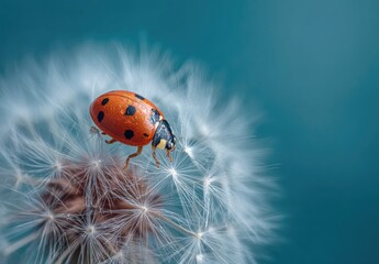 A vibrant red and black ladybug perched on a delicate dandelion seed head