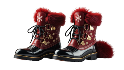 Festive red faux fur winter boots with gold accents and snowflake details