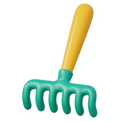 3d green rake with a yellow handle stands ready for garden adventures