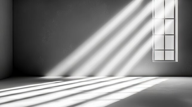 An empty room with a window casting diagonal shadows on the walls and floor, creating a dramatic play of light and shadow. - Powered by Adobe
