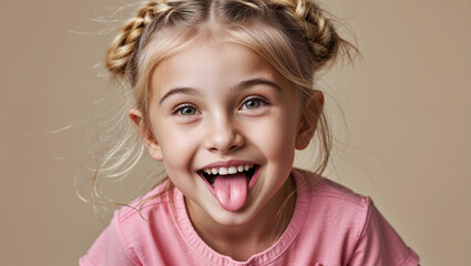 Girl child blonde hair playful smiling pink shirt braids messy bun tongue out cheerful happy fun expression joyful energy carefree generative AI