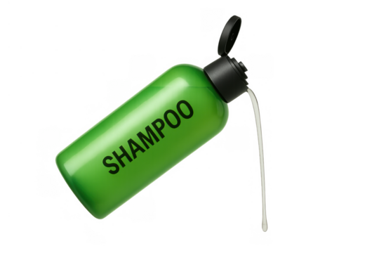 Green shampoo bottle pouring liquid for hair care, hygiene product for beauty and personal cleansing on transparent background