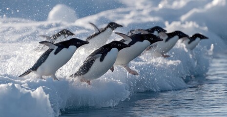 Adelie penguins leap from a snowy shore into the frigid water, a wildlife photo