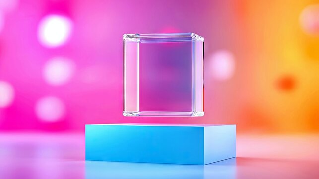 A clear glass cube floats above a bright blue rectangular block, set against a soft-focus background of pink and orange hues with circular bokeh effects.