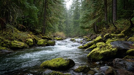 Discover the serenity of nature with this stunning river scene flowing through lush forest, perfect for travel or mindfulness projects