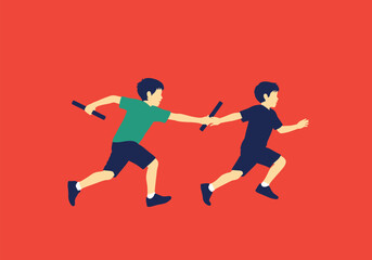 Colorful silhouette of kids running a relay race on a simple background