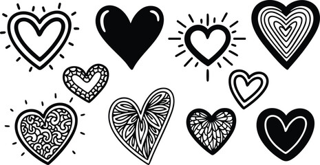 Various heart shapes with intricate designs and patterns for creative projects and Valentines Day celebrations 