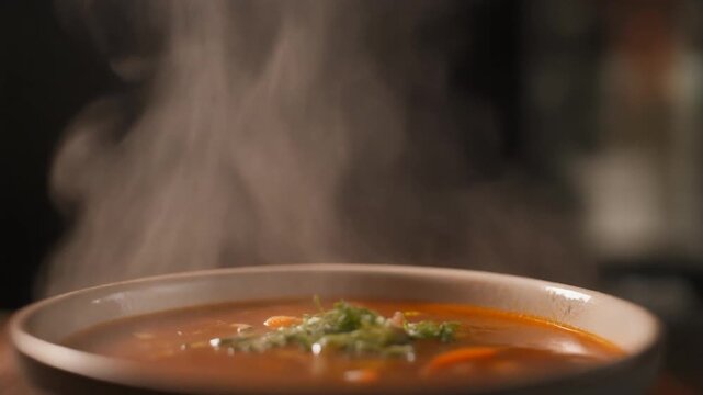 Steaming bowl of soup. Tomato soup. Fresh herbs on top. Steamy hot dish. Food close-up. Restaurant meal. Savory broth. Delicious cuisine. Hot lunch.