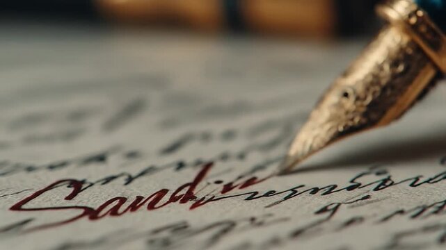 Fountain pen writing on paper closeup shot with elegant details and focus