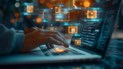 hands typing on laptop with digital holographic icons and email symbols floating above keyboard, blue light, close-up of IT analyst performing security - Powered by Adobe