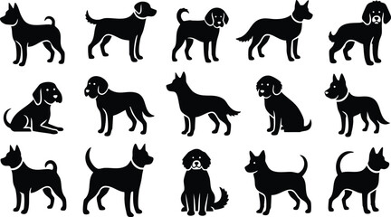Obraz premium Various dog silhouettes in playful poses showcasing different breeds in a minimalist vector design for animal lovers 