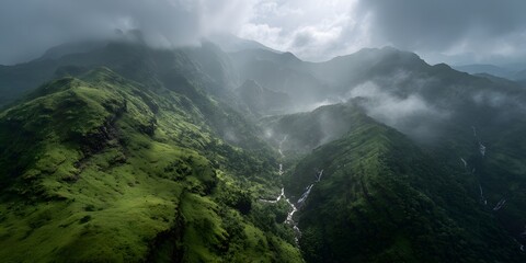 Aerial View of Misty Green Mountains and Monsoon Waterfalls