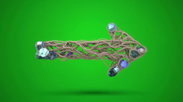 An intricate, organic arrow made of intertwined roots and sparkling crystals, floating on a vibrant green background.