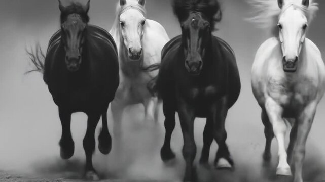 Four horses galloping forward in black and white dust cloud