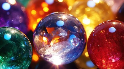 A close up view of shiny glass spheres with colorful reflections and bokeh background