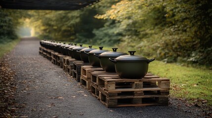 A long row of dark green cast iron cooking pots with lids displayed on wooden pallets outdoors on a gravel path
