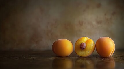 A closeup of ripe apricots with one cut open showing the seed