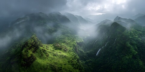 Misty Green Mountain Range With Waterfalls and Dramatic Monsoon Light