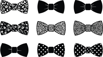 Variety of black bow ties with unique patterns and designs for formal occasions and events 