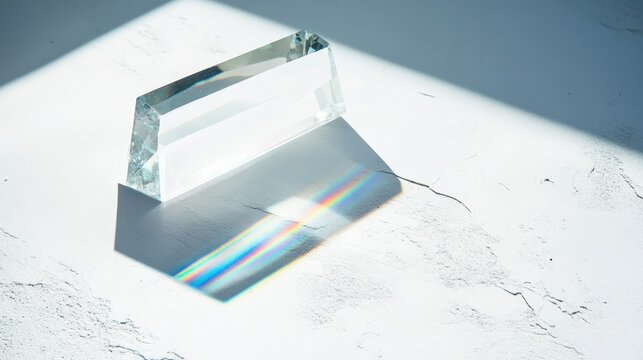 A clear crystal prism refracting a rainbow of colors onto a white surface with sharp shadows and bright light - Powered by Adobe