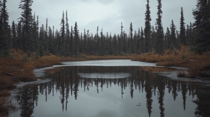 A frozen river reflecting the dull overcast sky and a dense forest of tall trees under a cloudy gray atmosphere