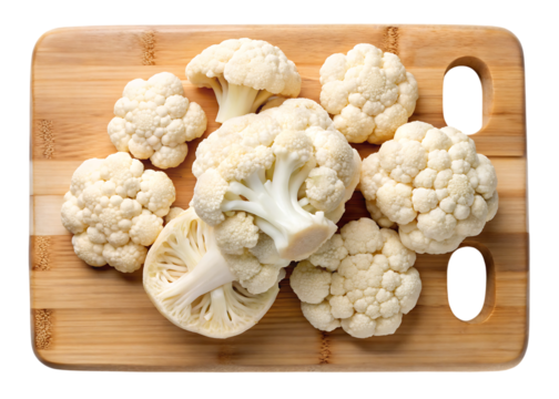 Freshly cut cauliflower florets and a large head arranged on a wooden cutting board isolated on transparent background