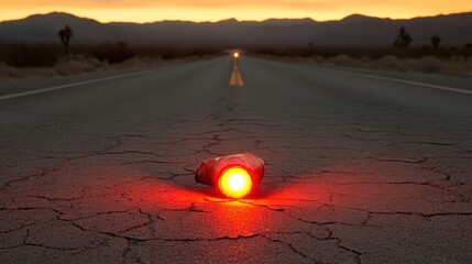 A single red emergency flare glows brightly on a cracked desert road at dusk
