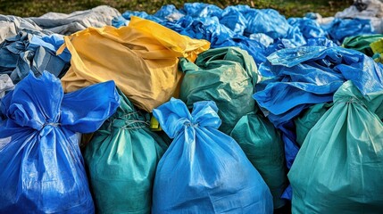 A large collection of colorful plastic bags piled up on the ground representing waste and pollution