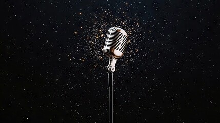 A classic silver microphone stands on a dark background filled with golden sparkles and tiny lights, evoking a sense of performance and magic.