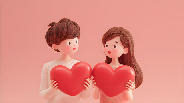 Cute cartoon couple holding red hearts for love - Powered by Adobe
