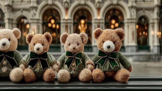 Four plush teddy bears in jackets with bow ties on a bench