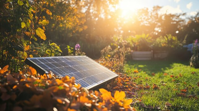 A solar panel rests in a sunlit autumn garden surrounded by fallen leaves and warm golden sunlight
