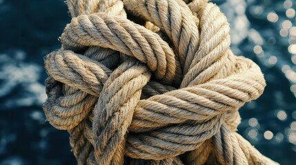 A close up view of a thick weathered nautical mooring rope tied in a complex knot showing its textured fibers