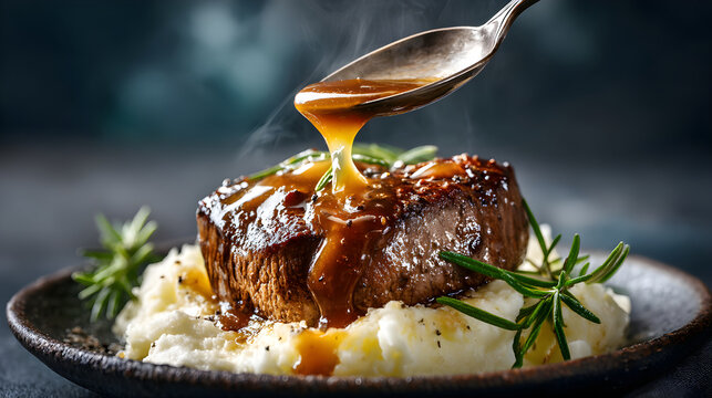 Gravy pouring on grilled beef steak with mashed potatoes