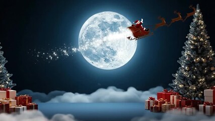 Magical Christmas Eve animation of Santa Claus flying in his sleigh with reindeer across a giant full moon. Festive holiday scene with decorated trees - Powered by Adobe