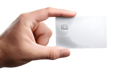 Hand holding blank white credit card with chip