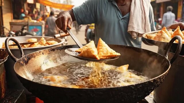 Indian Street Food Vendor Frying Golden Samosas in a Wok at a Bustling Cultural Market During Daytime Warm Sunlight