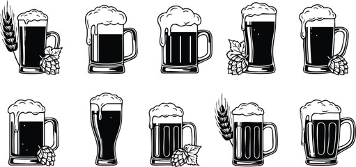 Beer mugs collection featuring different styles and foamy tops for beverage enthusiasts and craft brewers 