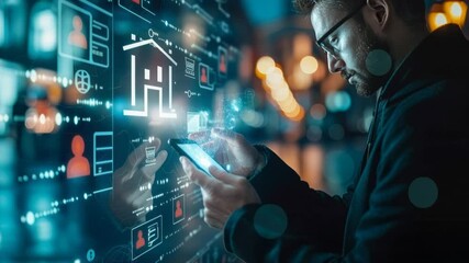 hands holding smartphone with holographic icons, businessman in suit taps glowing ecommerce interface against city bokeh, dynamic data streams, shopping cart - Powered by Adobe