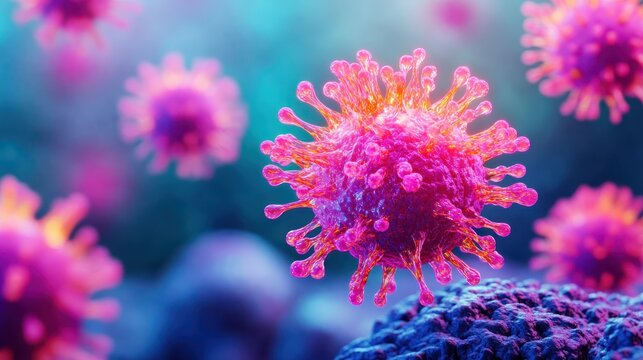 Abstract digital illustration of a vibrant pink coronavirus particle with spike proteins on a blurred blue and purple background