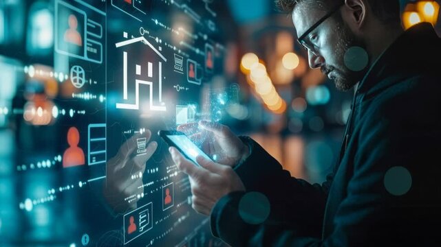 hands holding smartphone with holographic icons, businessman in suit taps glowing ecommerce interface against city bokeh, dynamic data streams, shopping cart - Powered by Adobe