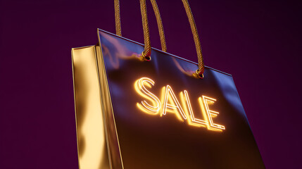 Gold shopping bag displaying neon sale message