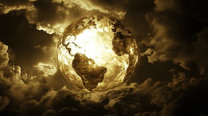 A glowing globe of earth emerges from dark cloudy atmosphere in a dramatic display of light and shadow