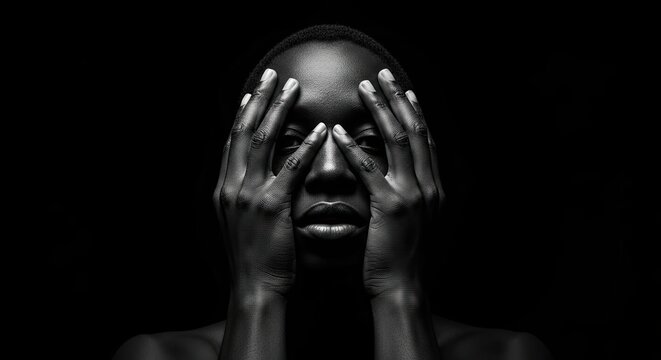 A dramatic black and white studio portrait of a woman covering her face with her hands, peeking through her fingers with an intense gaze against a solid black background