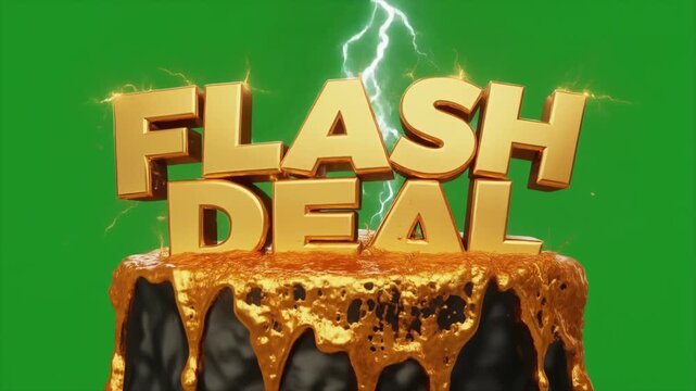 Golden 3D 'FLASH DEAL' text with lightning bolt on a dark base dripping with gold liquid, set against a green screen background.