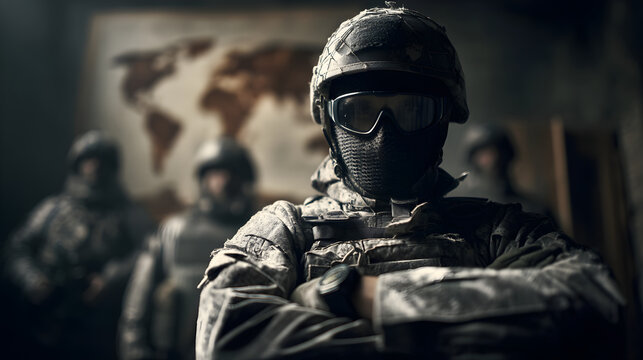 Military officer leading tactical operations team in global conflict