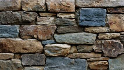 Obraz premium Close-up of a multi-colored stone wall, showcasing rough textures and varied shapes, creating a natural, robust background.